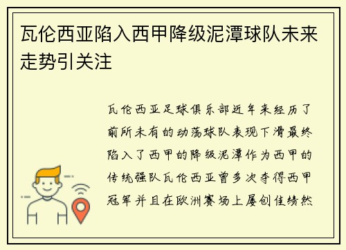 瓦伦西亚陷入西甲降级泥潭球队未来走势引关注 瓦伦西亚陷入西甲降级泥潭球队未来走势引关注